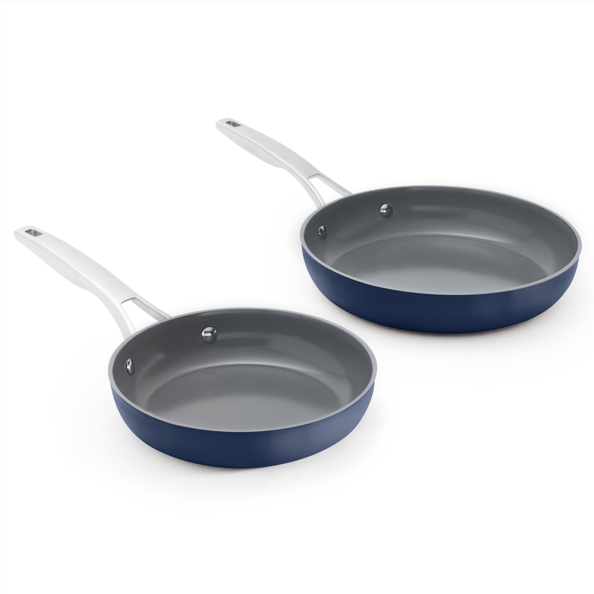 Calphalon front view of Midnight Blue fry pan set showing sleek exterior and stacked pans