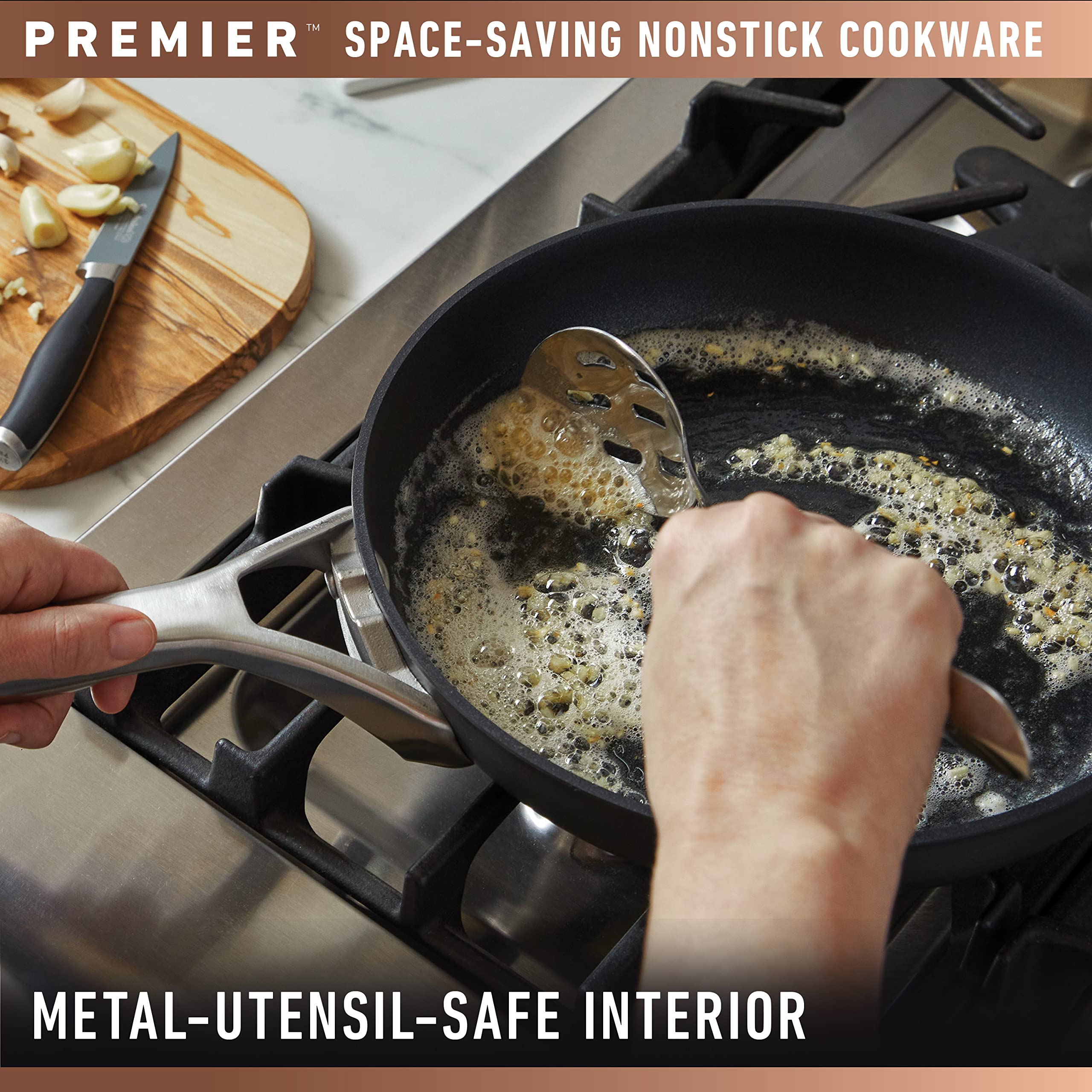 Calphalon three-layer MineralShield interior close-up showing easy release