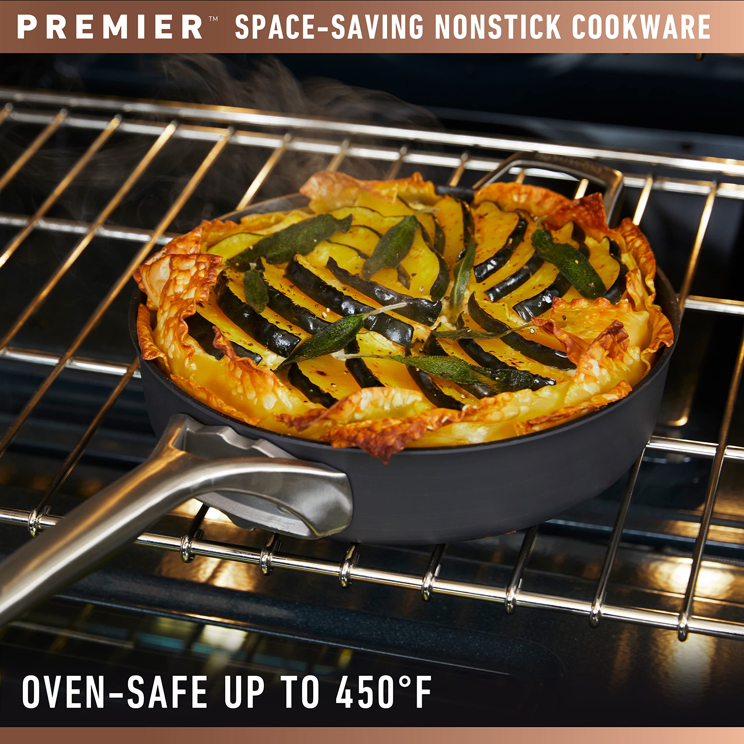 Calphalon sauté pan on stovetop cooking food evenly and releasing easily