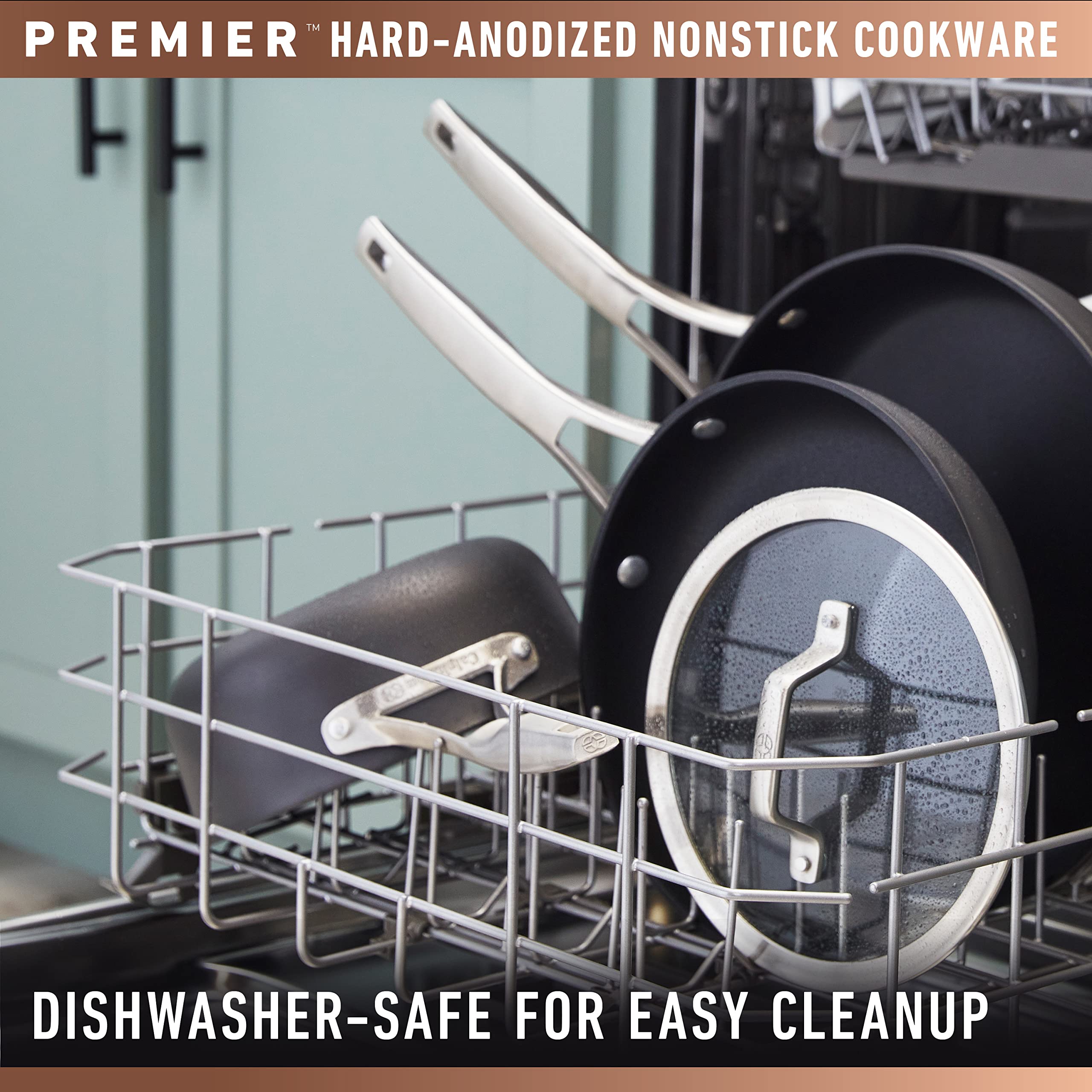 Calphalon Premier side handle profile showing long stay-cool handle, improves safe handling