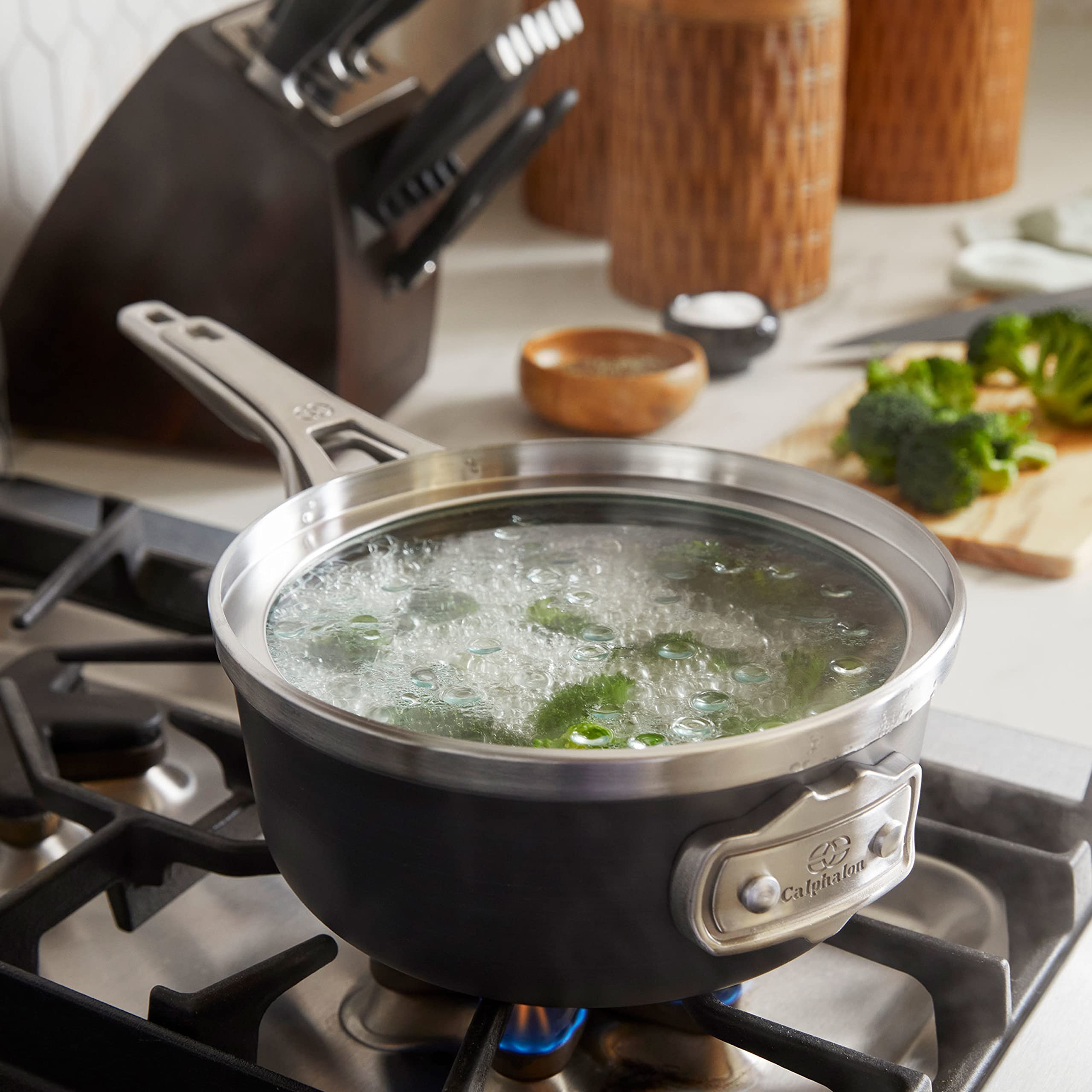Calphalon pans next to common items showing compact size and scale