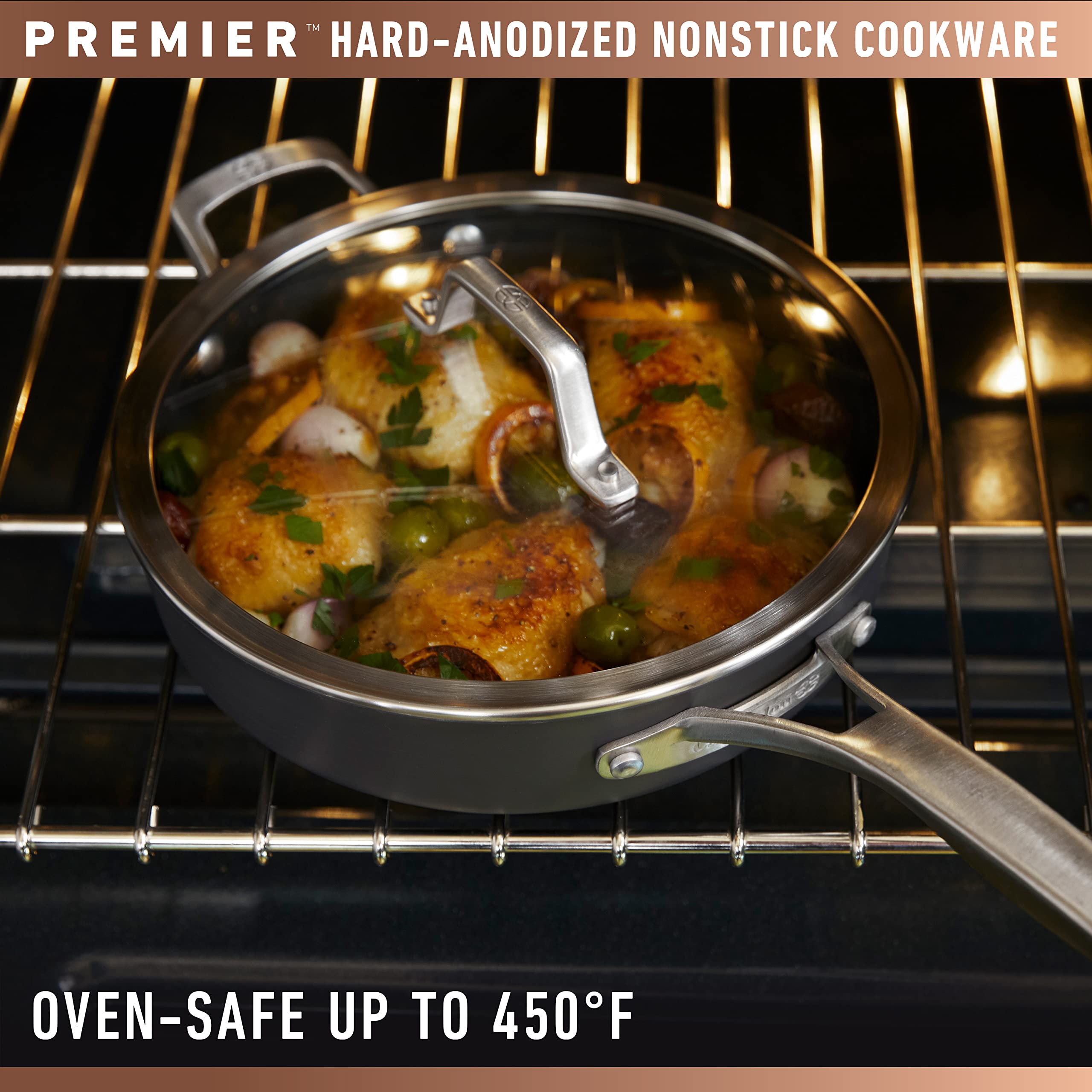 Calphalon Premier tempered glass lid placed on skillet allowing visual monitoring and moisture control