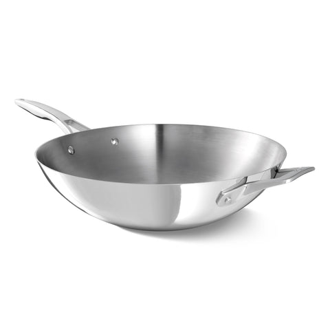Calphalon premier polished wok front view showing professional finish and durability