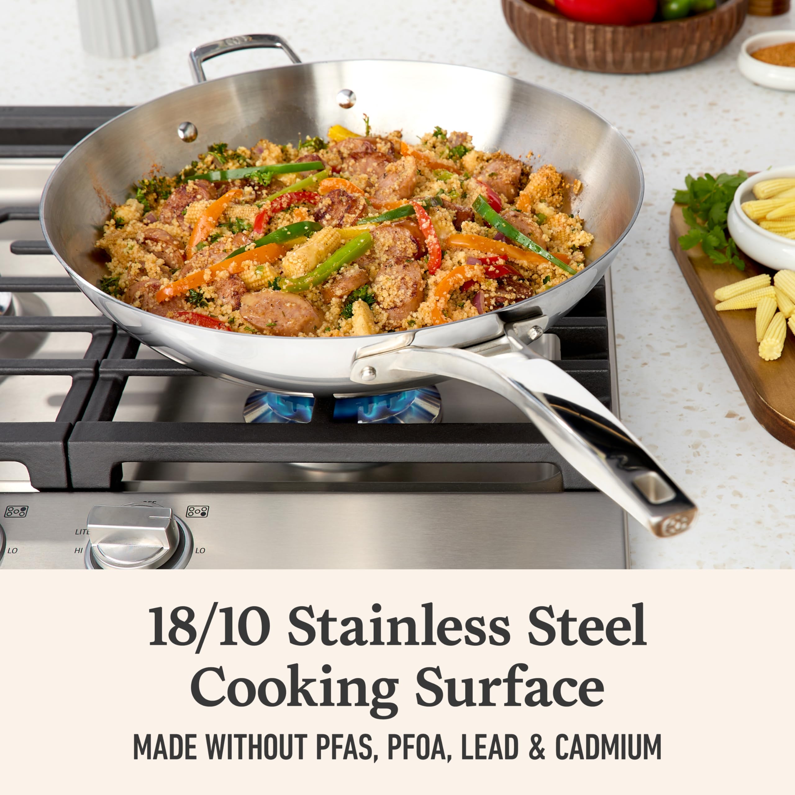 Calphalon premier wok size comparison with hand and spatula showing capacity benefit