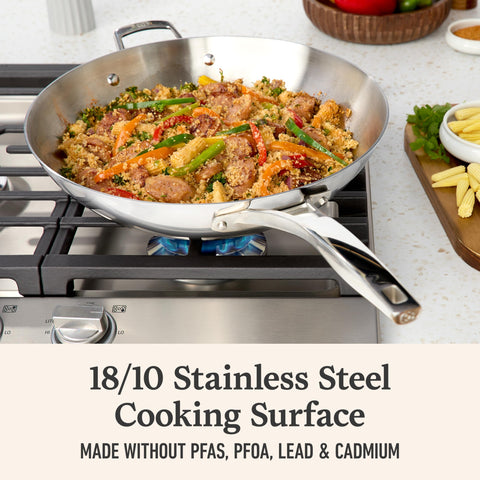 Calphalon premier wok size comparison with hand and spatula showing capacity benefit