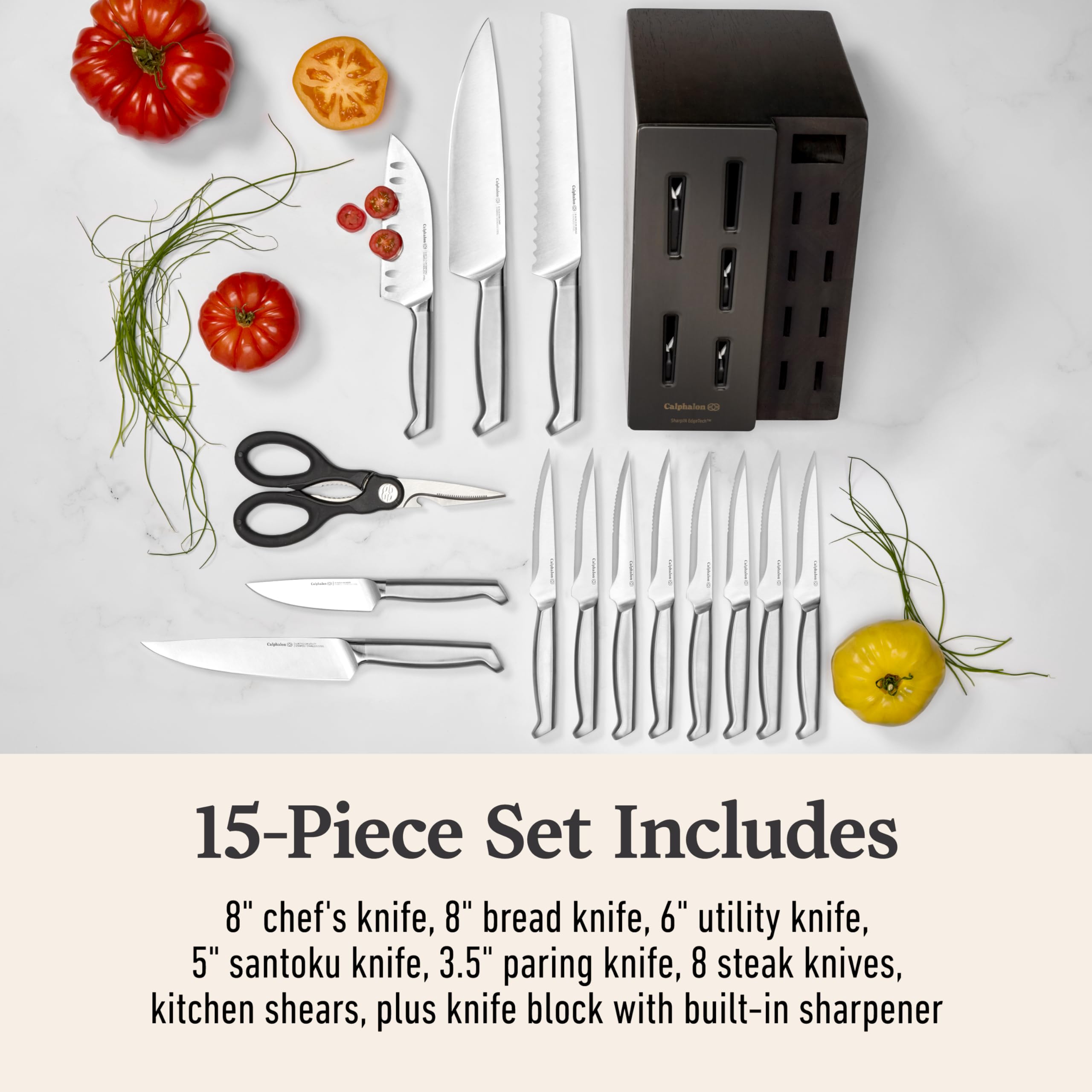 Calphalon knives laid next to ruler for scale showing size variety and versatility