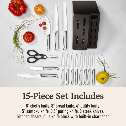 Calphalon knives laid next to ruler for scale showing size variety and versatility