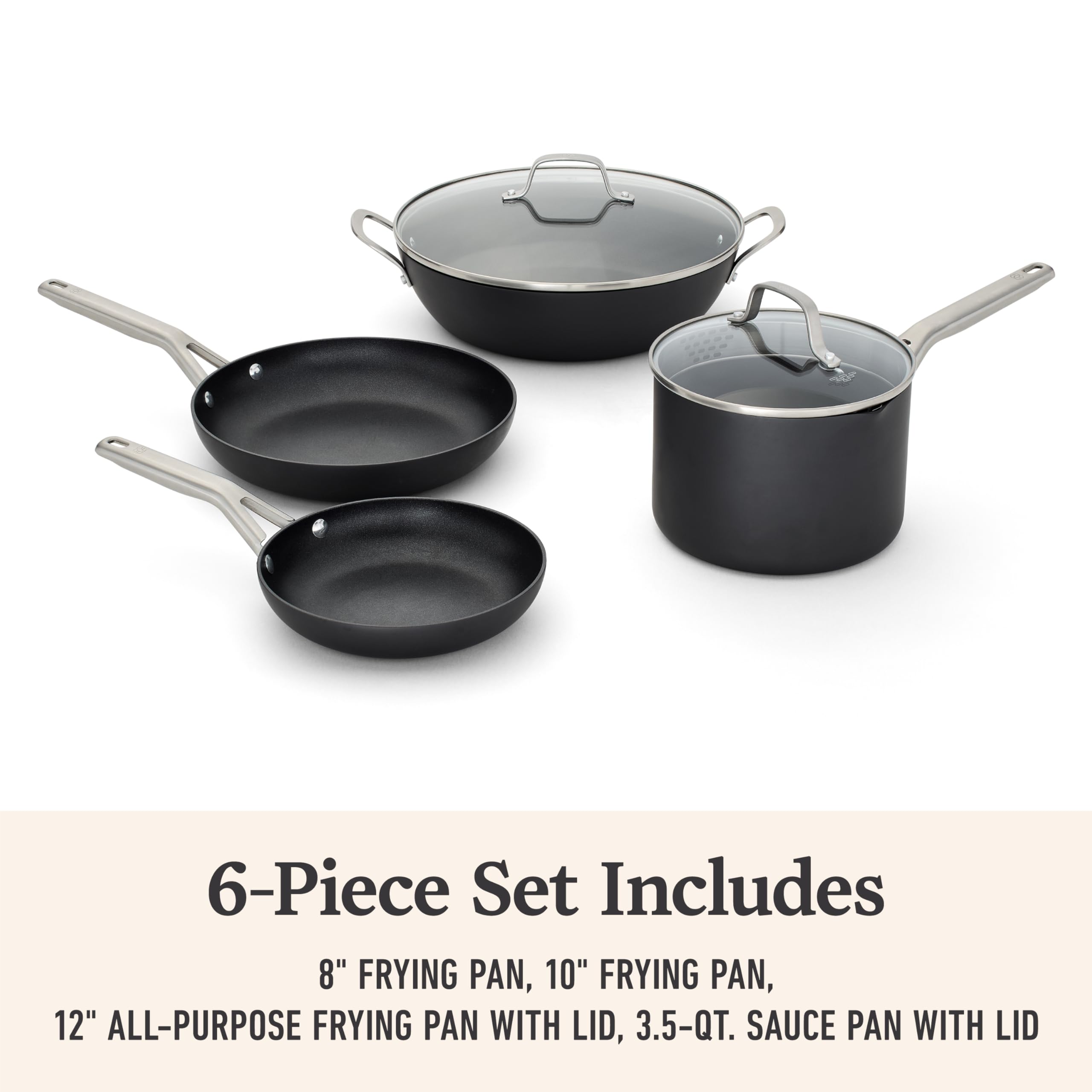 Calphalon pans stacked for size comparison showing space-saving benefit