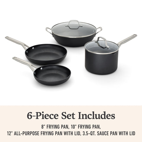 Calphalon pans stacked for size comparison showing space-saving benefit