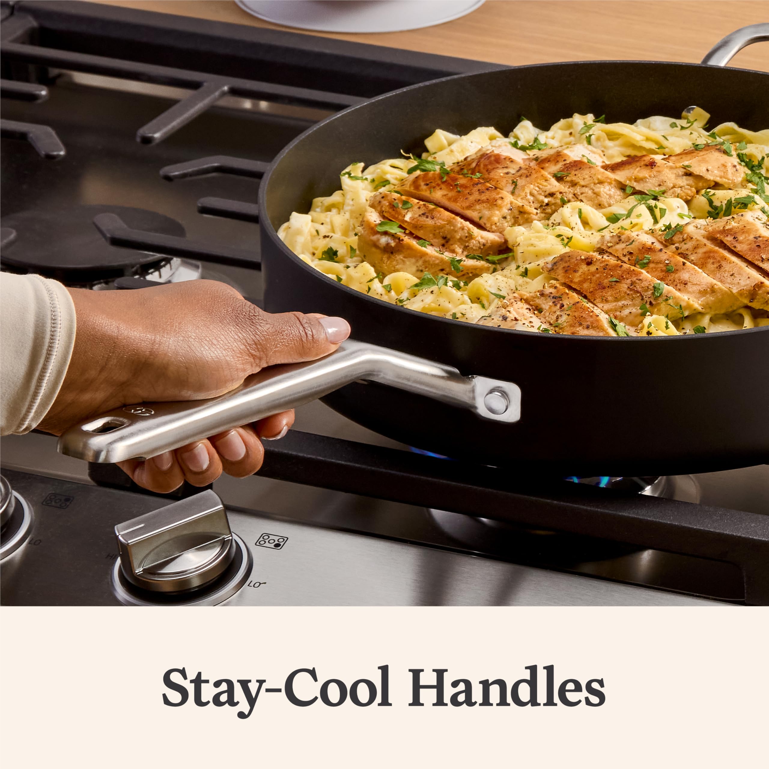Calphalon pan next to spatula showing 5-quart capacity for family meals