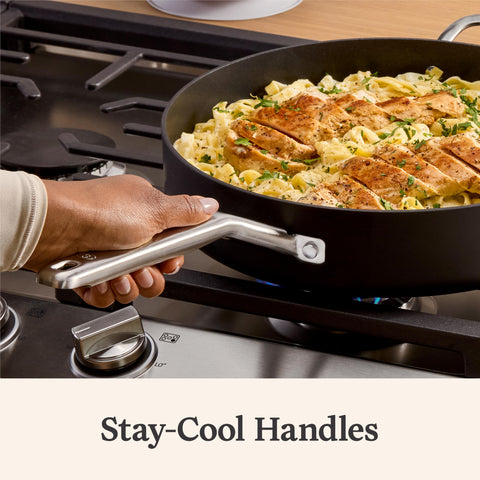 Calphalon pan next to spatula showing 5-quart capacity for family meals