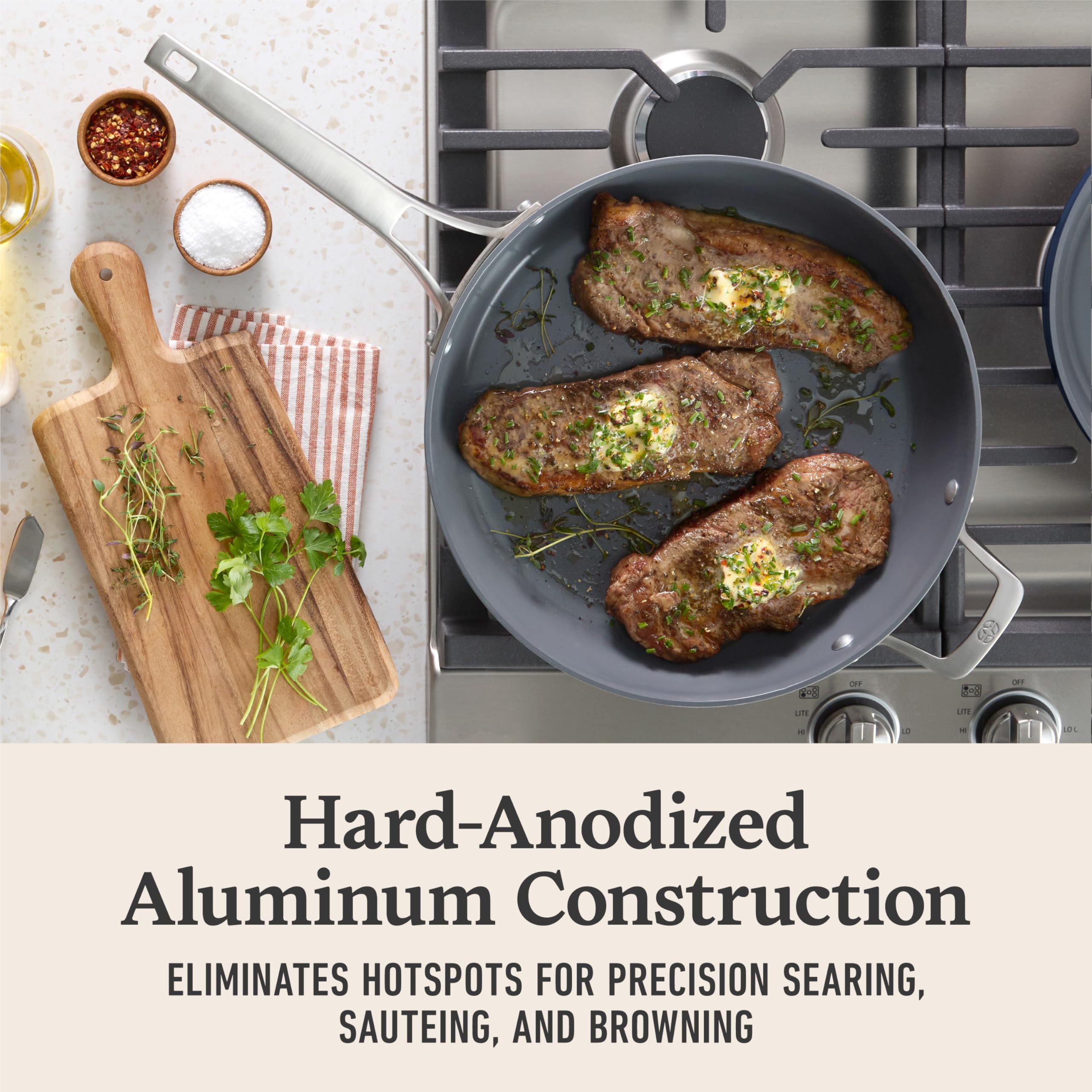 Calphalon stainless steel handle detail offering balanced grip and stay-cool advantage