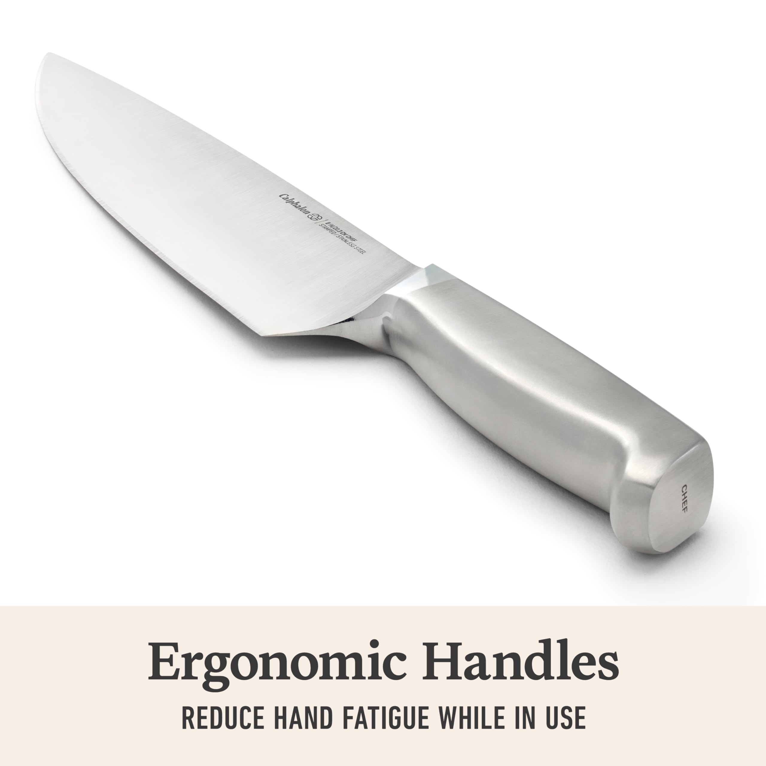 Calphalon steak knives and kitchen shears displayed for table service convenience