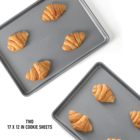 Calphalon stacked sheets showing size and pair capacity for larger batches