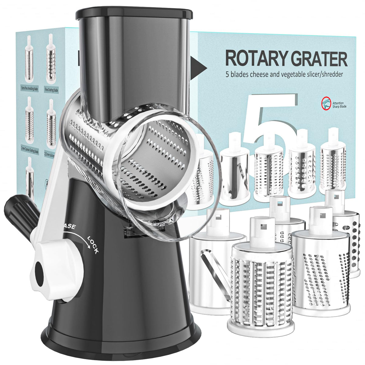 Cambom front view of black rotary grater showing compact design benefit