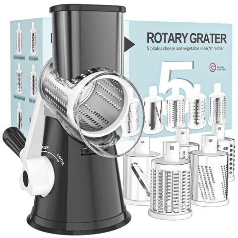 Cambom front view of black rotary grater showing compact design benefit