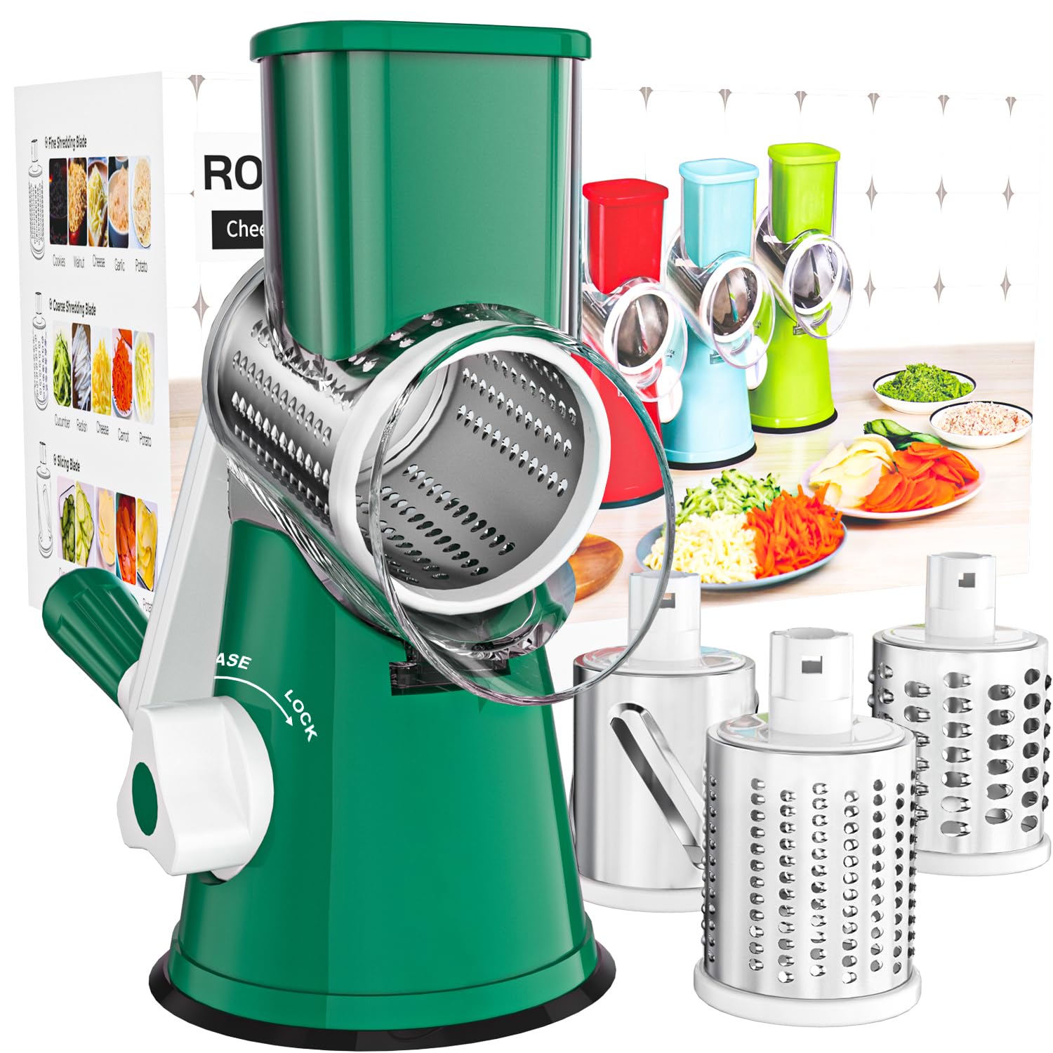 Cambom grater front view showing dark green housing and drums, stable performance