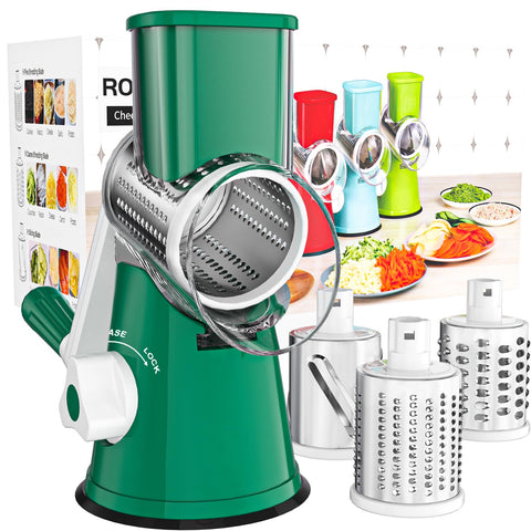 Cambom grater front view showing dark green housing and drums, stable performance