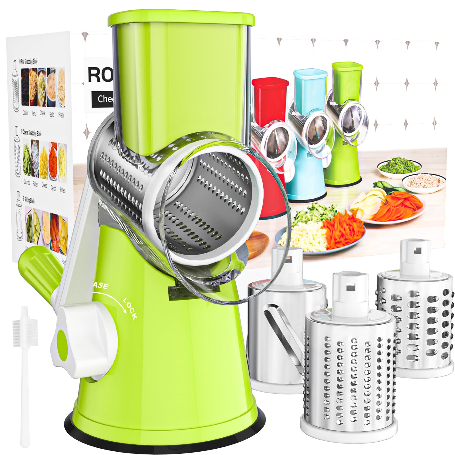 Cambom front view showing green rotary grater and compact design for quick prep