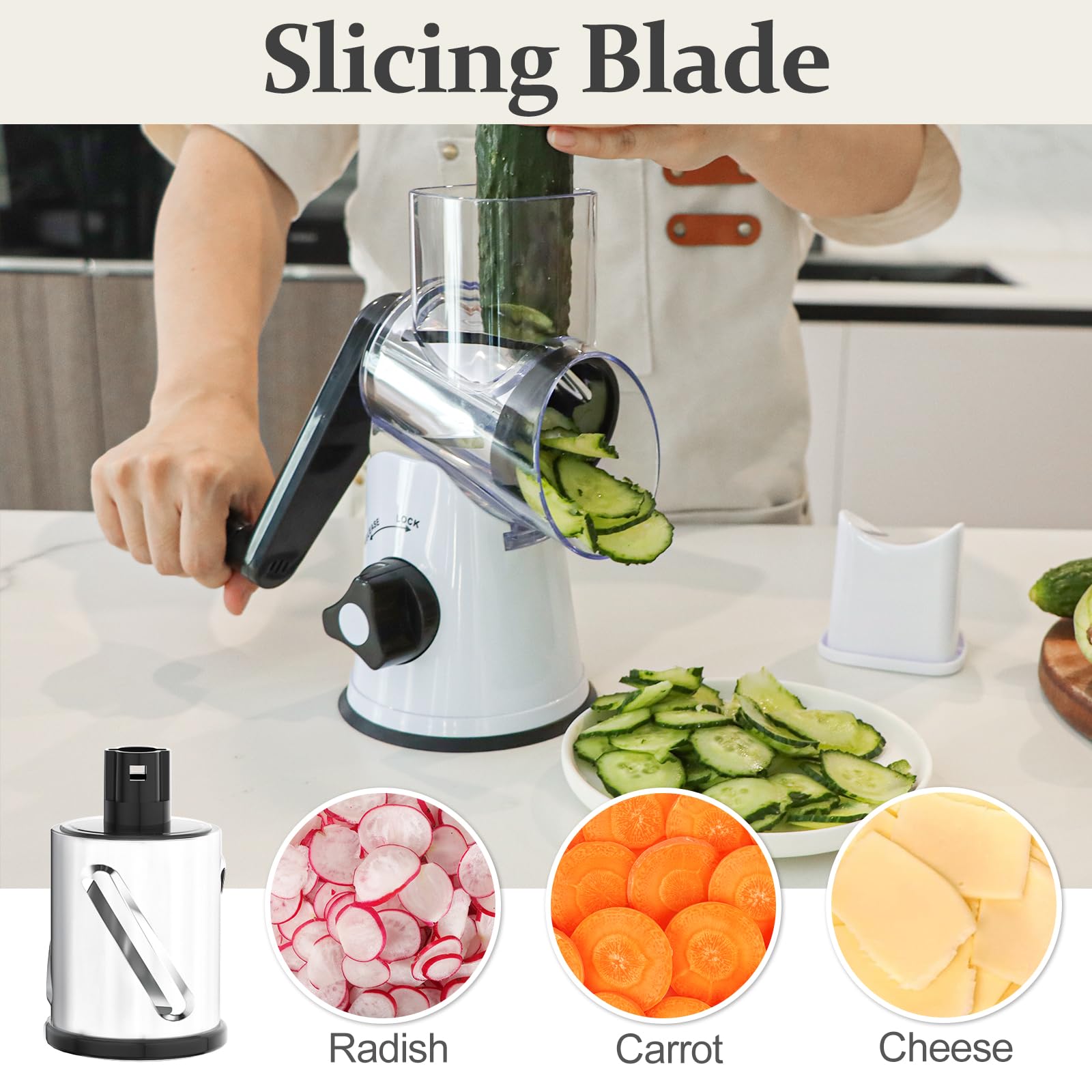 Cambom suction base detail securing grater to countertop for stability