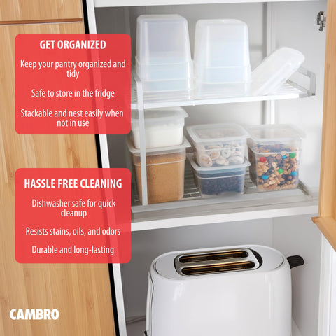 Cambro containers organized in fridge showing space-saving benefit