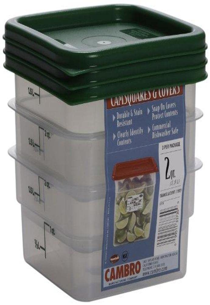 Cambro translucent square container front view showing secure lid fit and organized storage