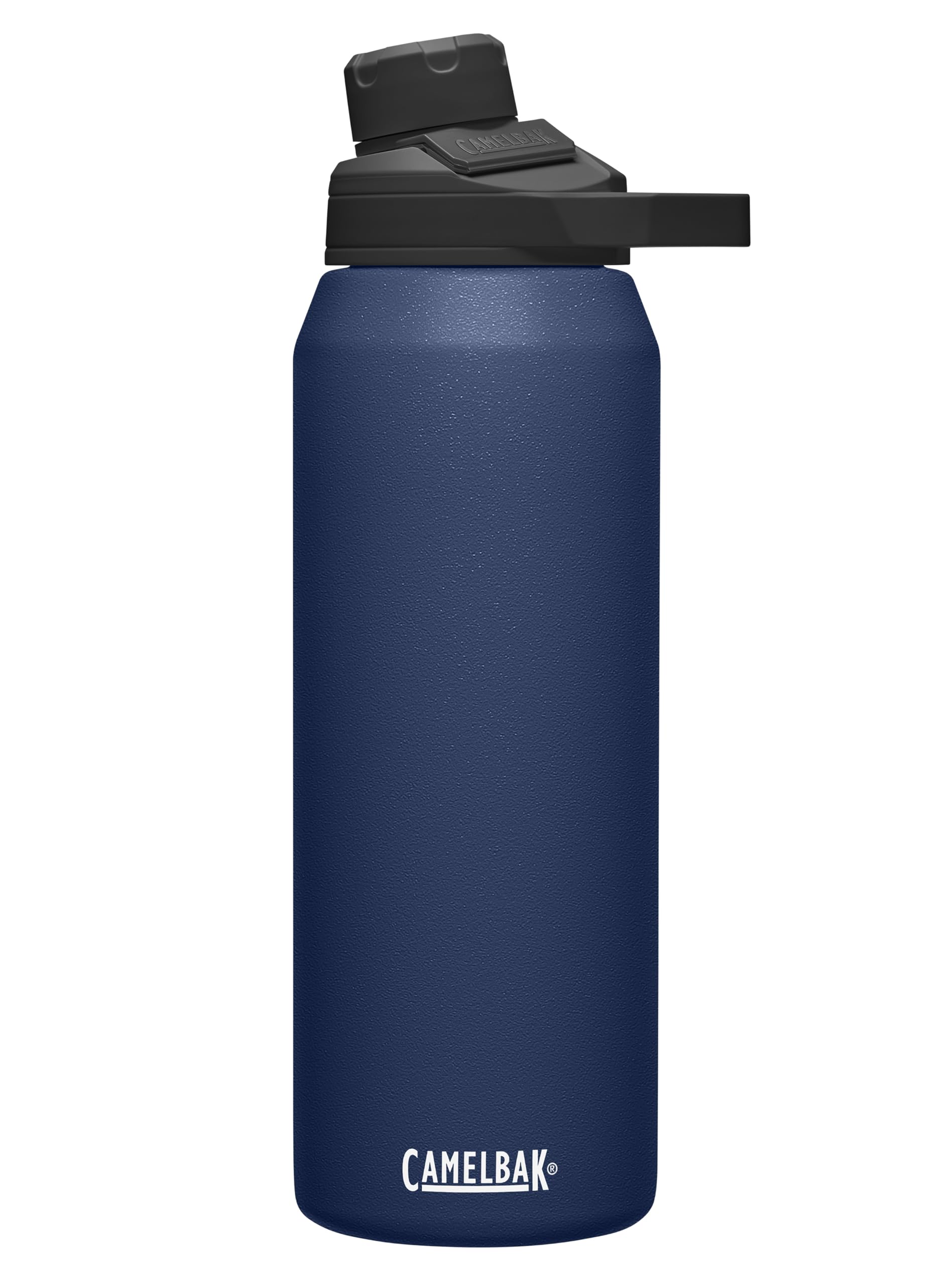 CamelBak Chute Mag navy front view showing bottle shape and label, durable carry benefit