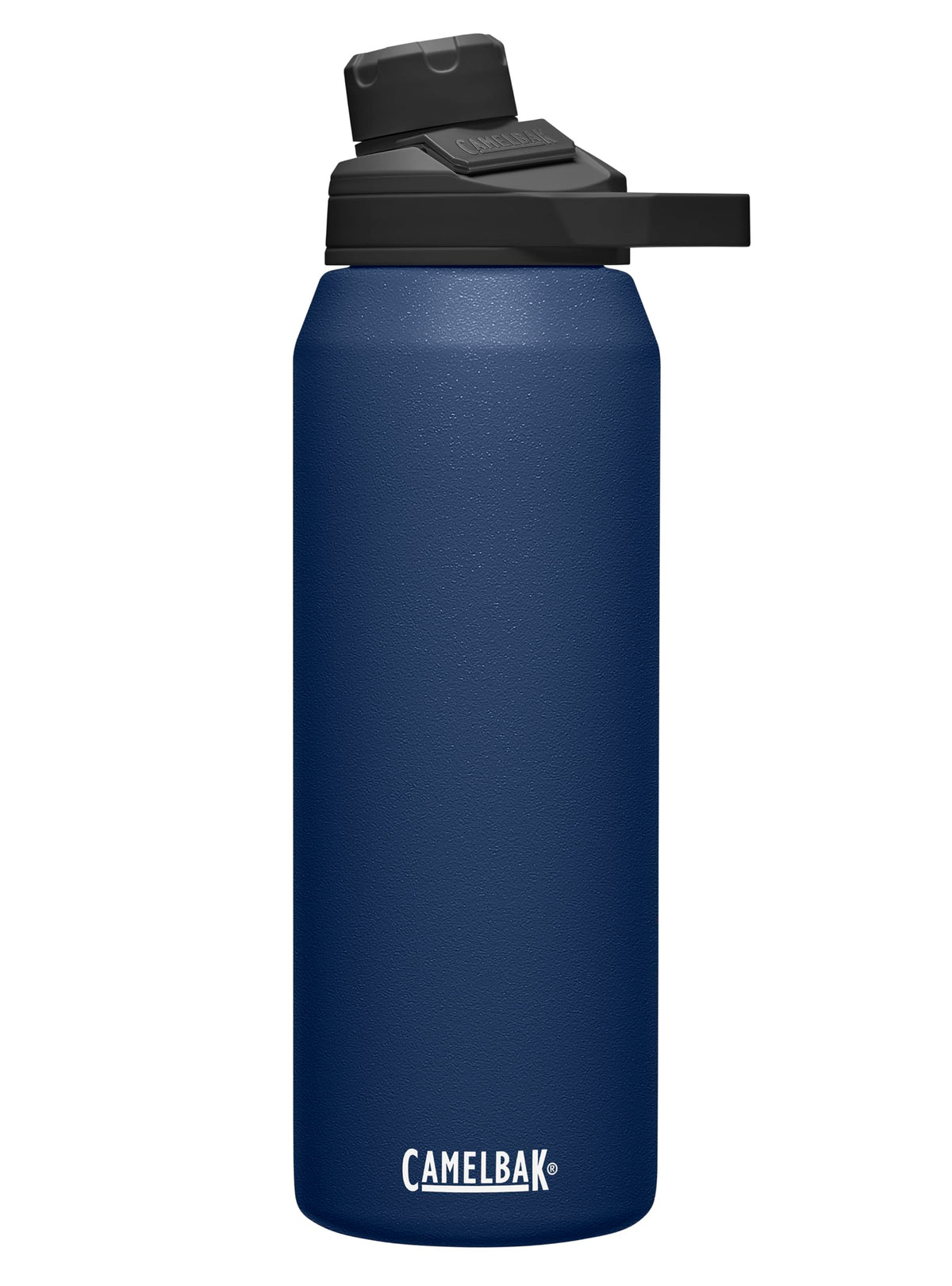CamelBak Chute Mag navy front view showing bottle shape and label, durable carry benefit