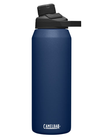 CamelBak Chute Mag navy front view showing bottle shape and label, durable carry benefit