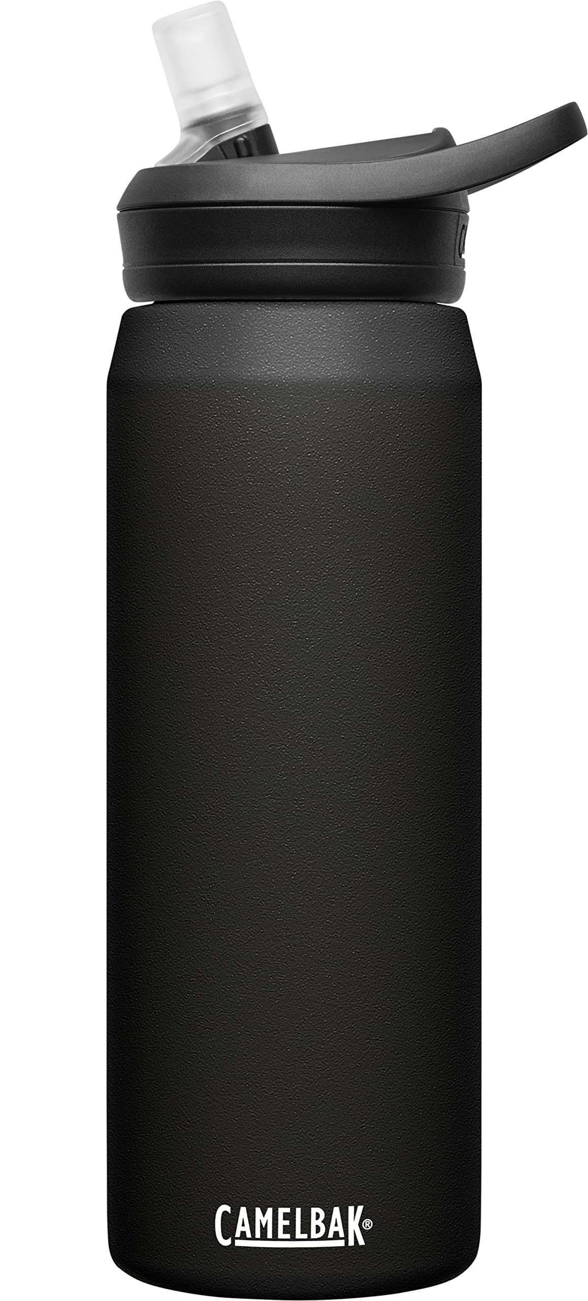CamelBak Eddy+ stainless steel front view showing sleek black finish and label, durable grip