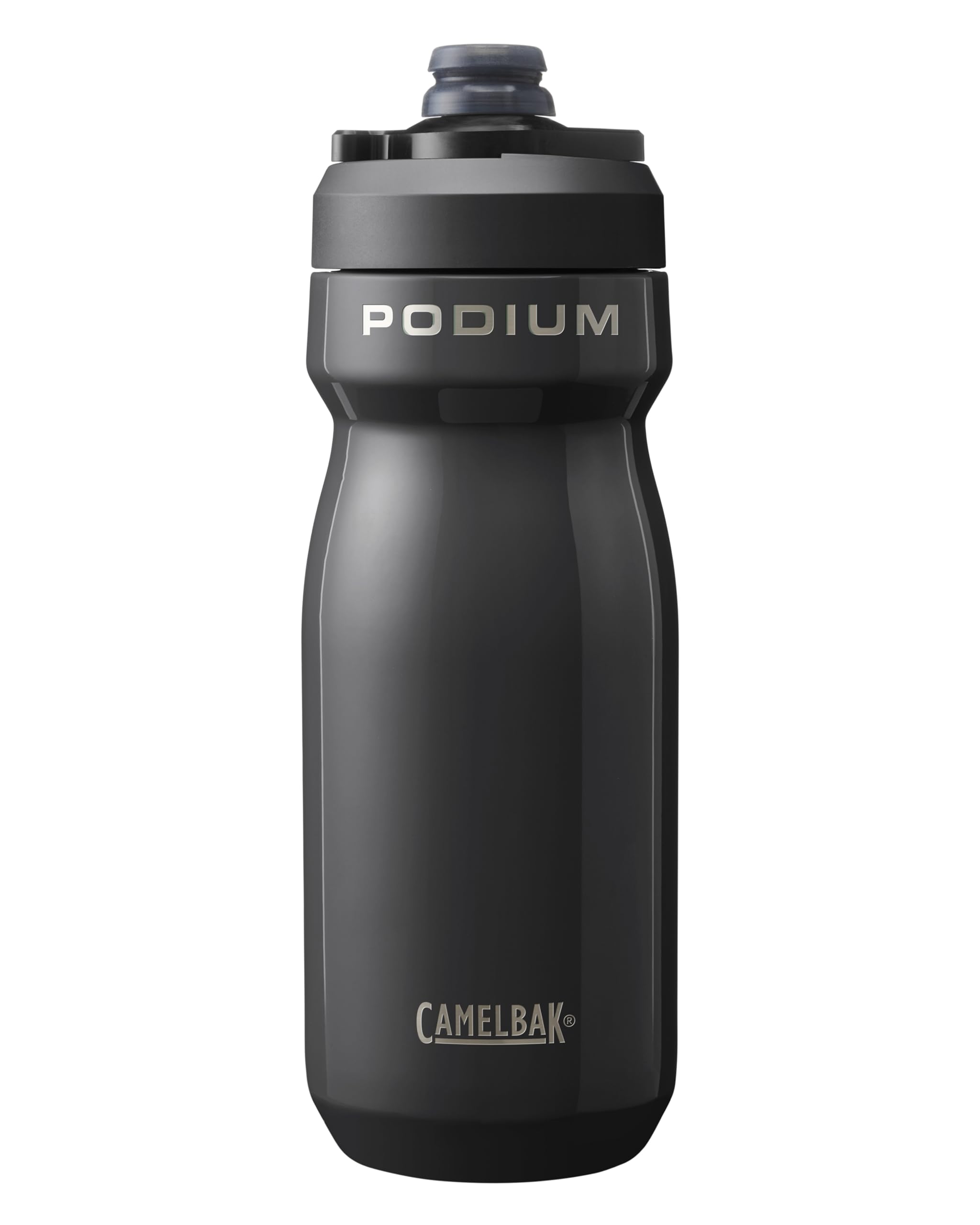 CamelBak Podium Steel front view showing sleek black finish and logo benefit: durable look