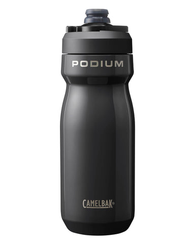 CamelBak Podium Steel front view showing sleek black finish and logo benefit: durable look