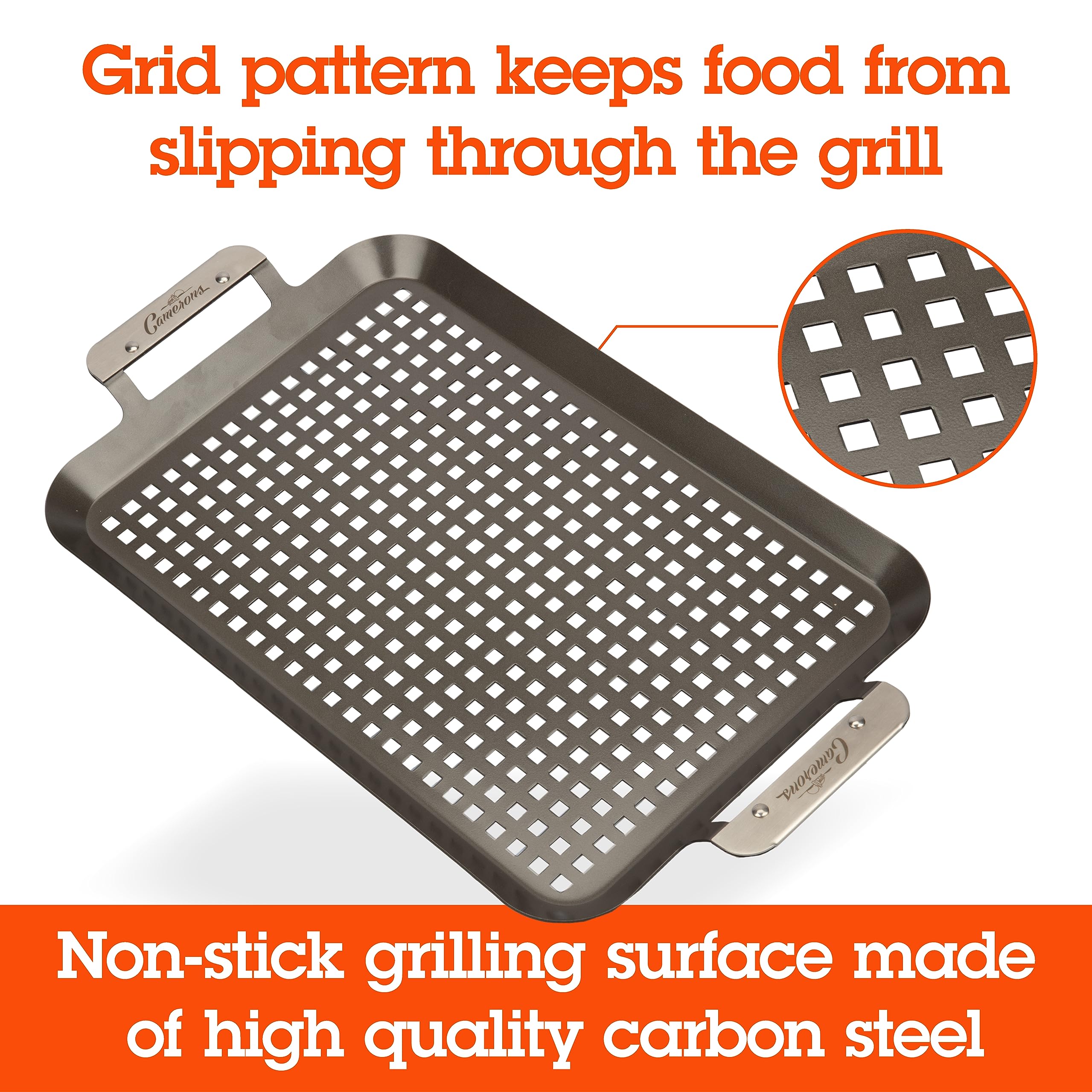 Camerons pan on hot grill with flames showing airflow and char flavor