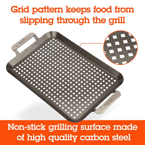 Camerons pan on hot grill with flames showing airflow and char flavor