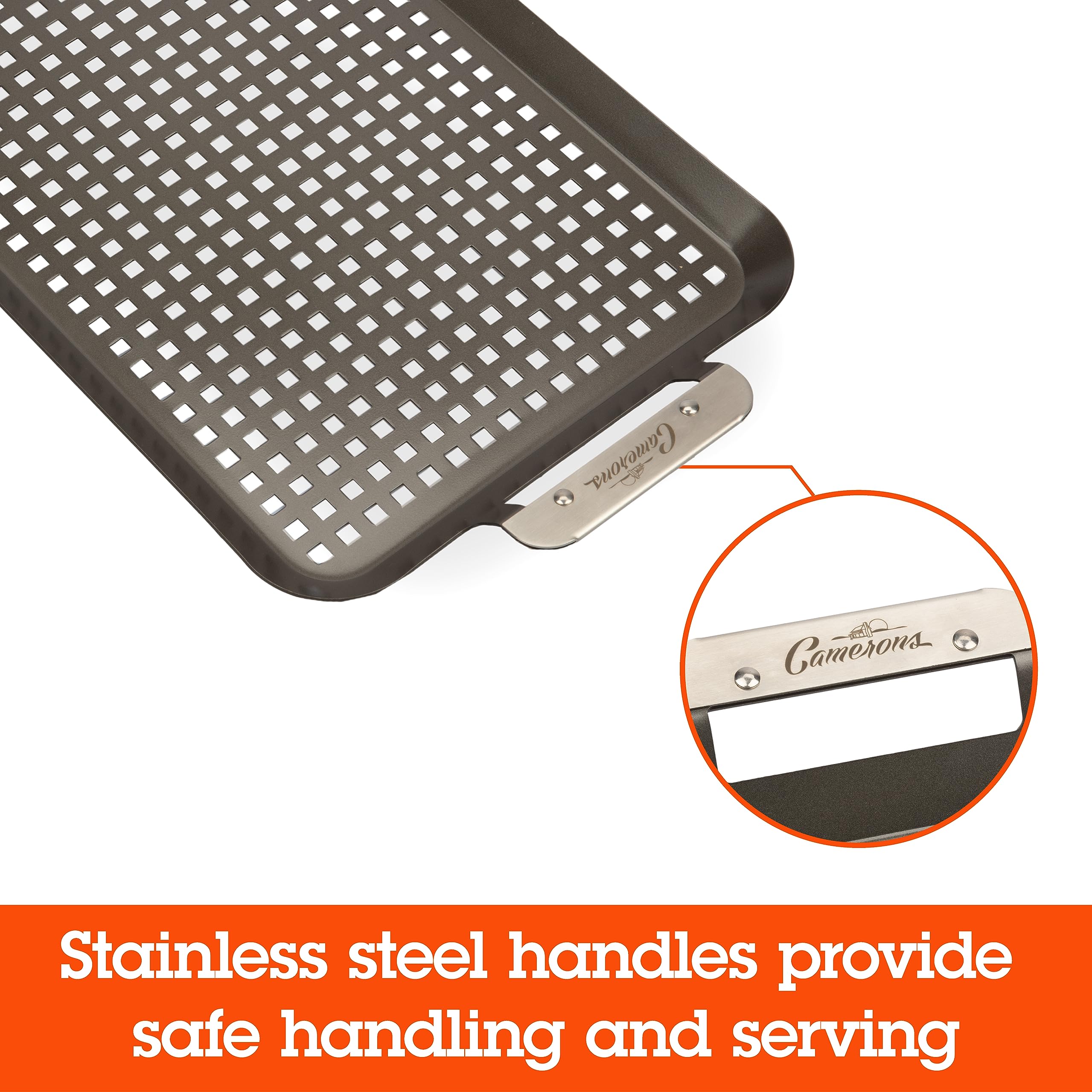Camerons stainless steel handle detail for secure carrying and serving