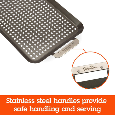 Camerons stainless steel handle detail for secure carrying and serving