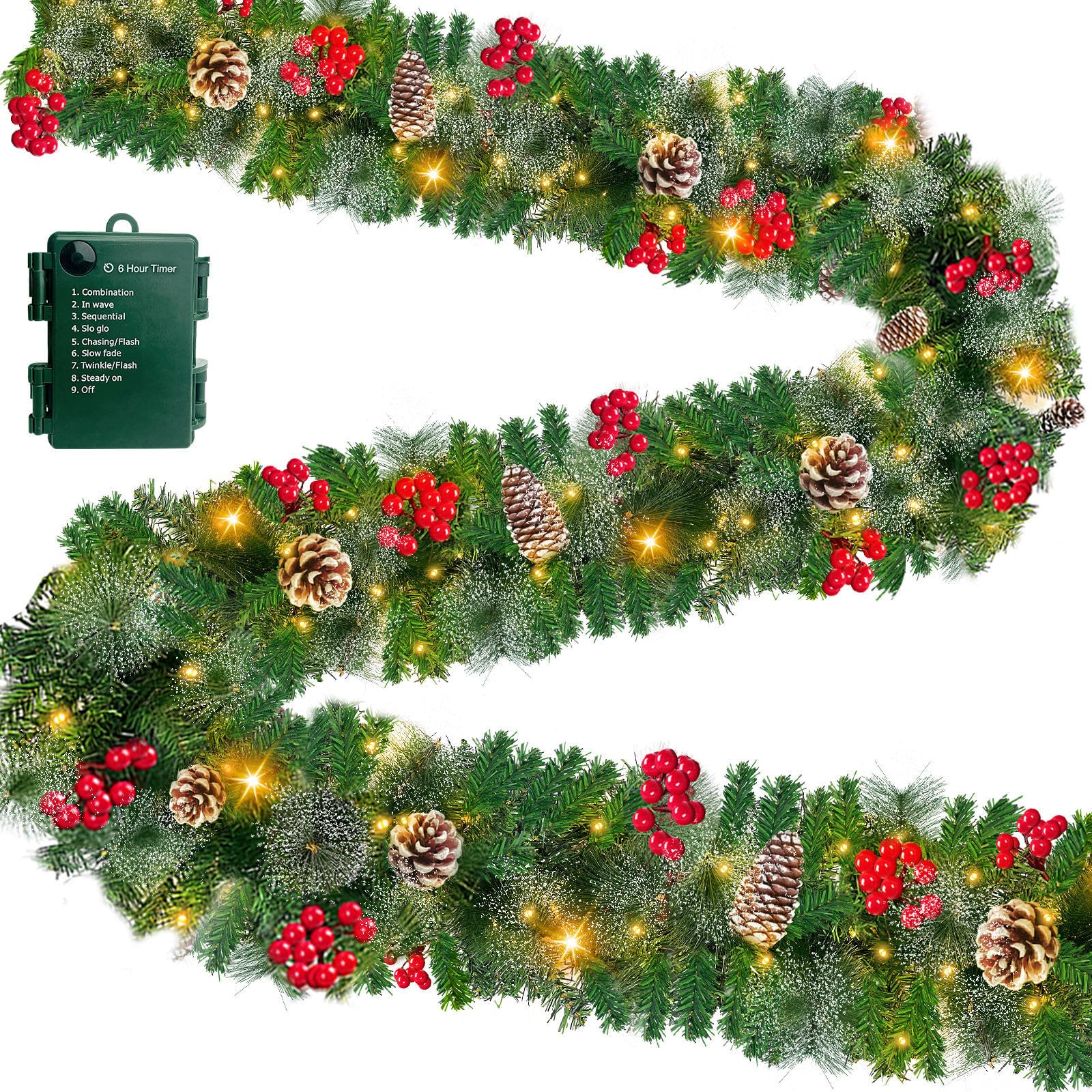 Camlinbo garland front view showing full 9ft length and warm white LEDs for instant ambiance