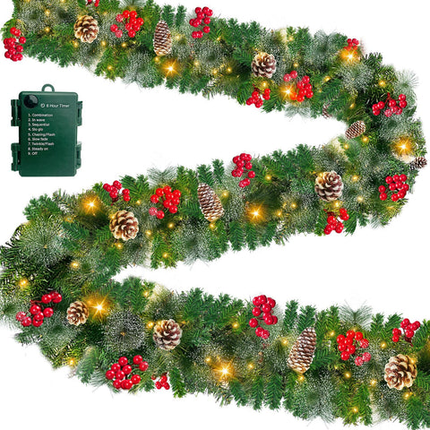Camlinbo garland front view showing full 9ft length and warm white LEDs for instant ambiance