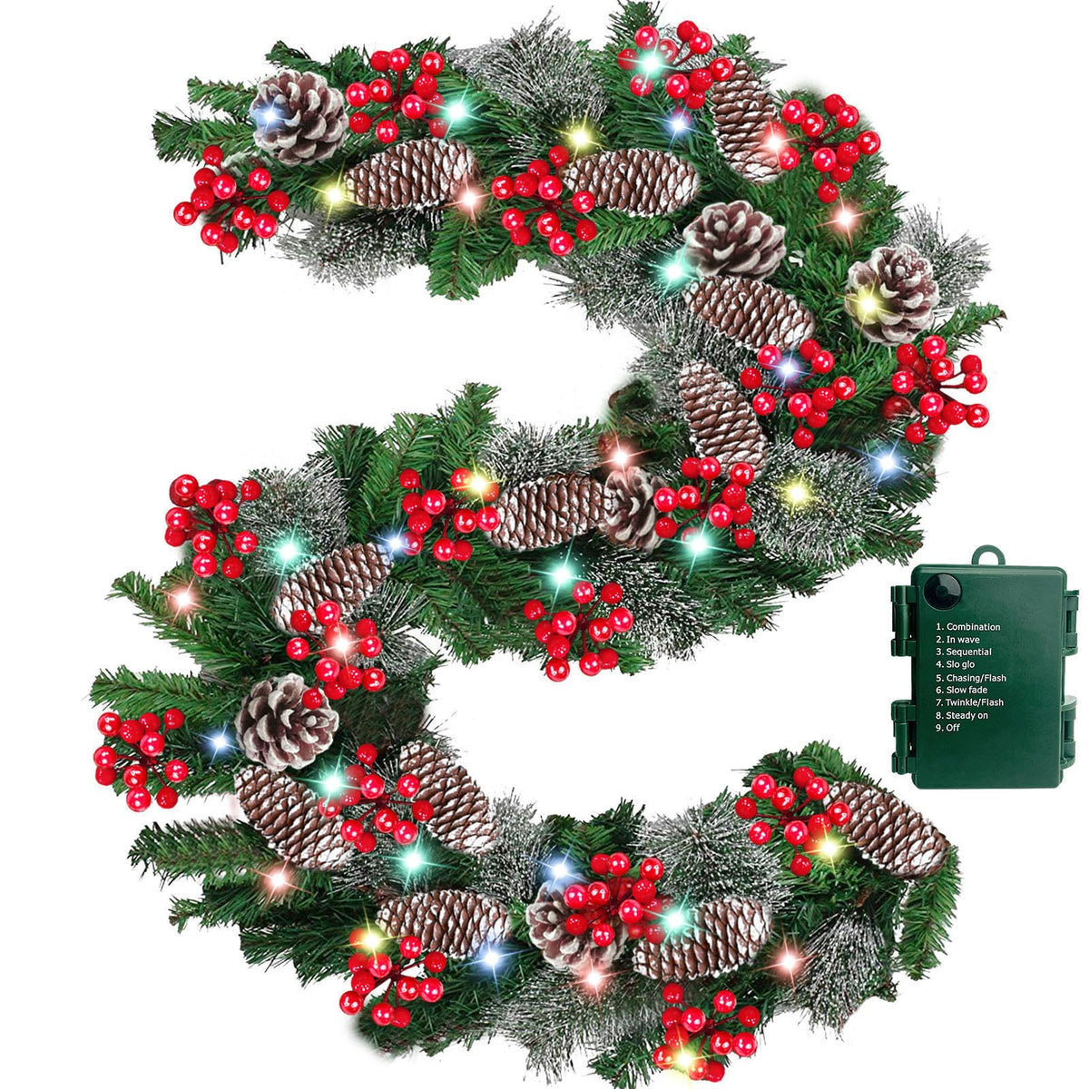 Camlinbo front view of 9ft prelit garland showing full foliage and lights for instant décor