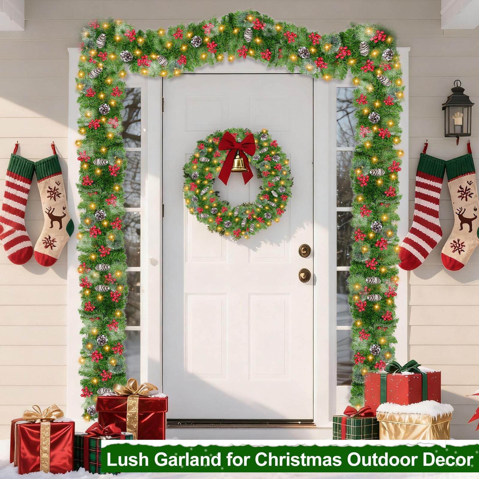 Snowy pinecones and frosted bristle pine close detail on Camlinbo garland adding seasonal contrast
