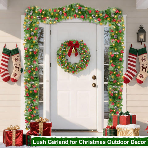 Snowy pinecones and frosted bristle pine close detail on Camlinbo garland adding seasonal contrast