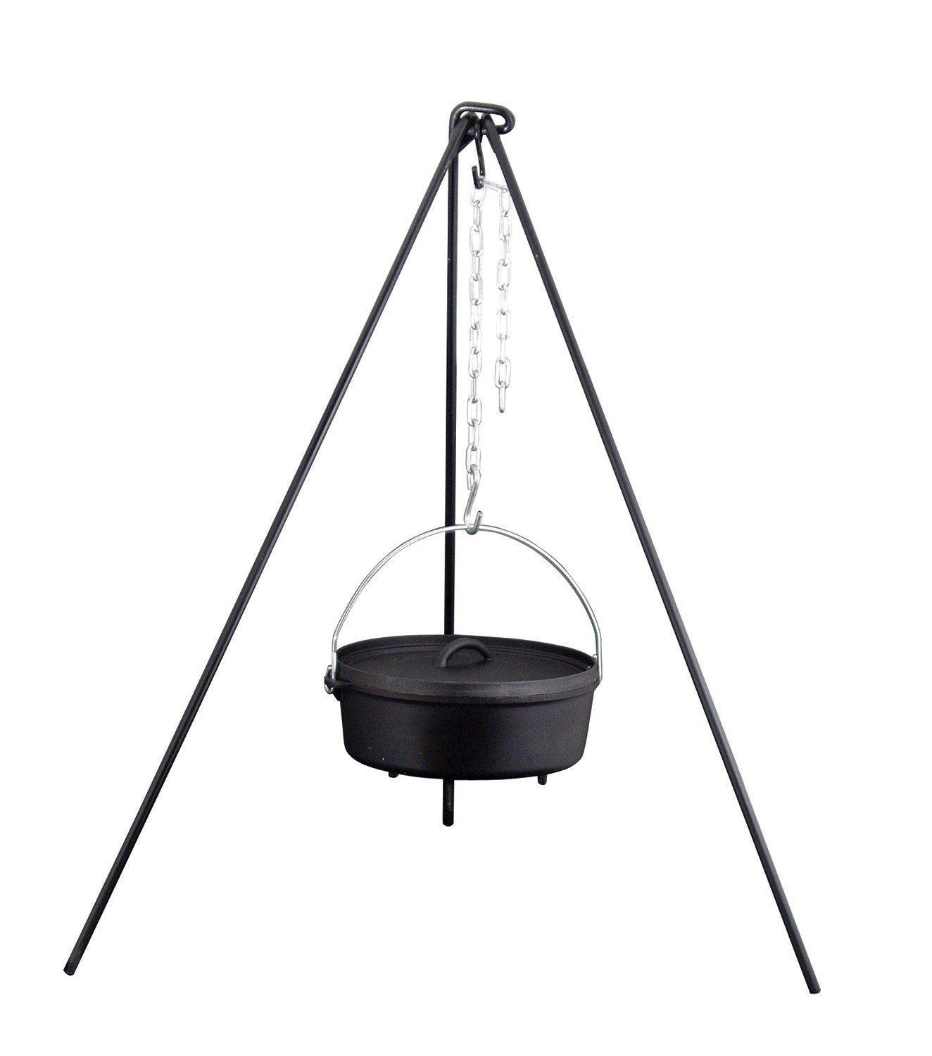 Camp Chef tripod front view showing black steel frame and stable support for cookware