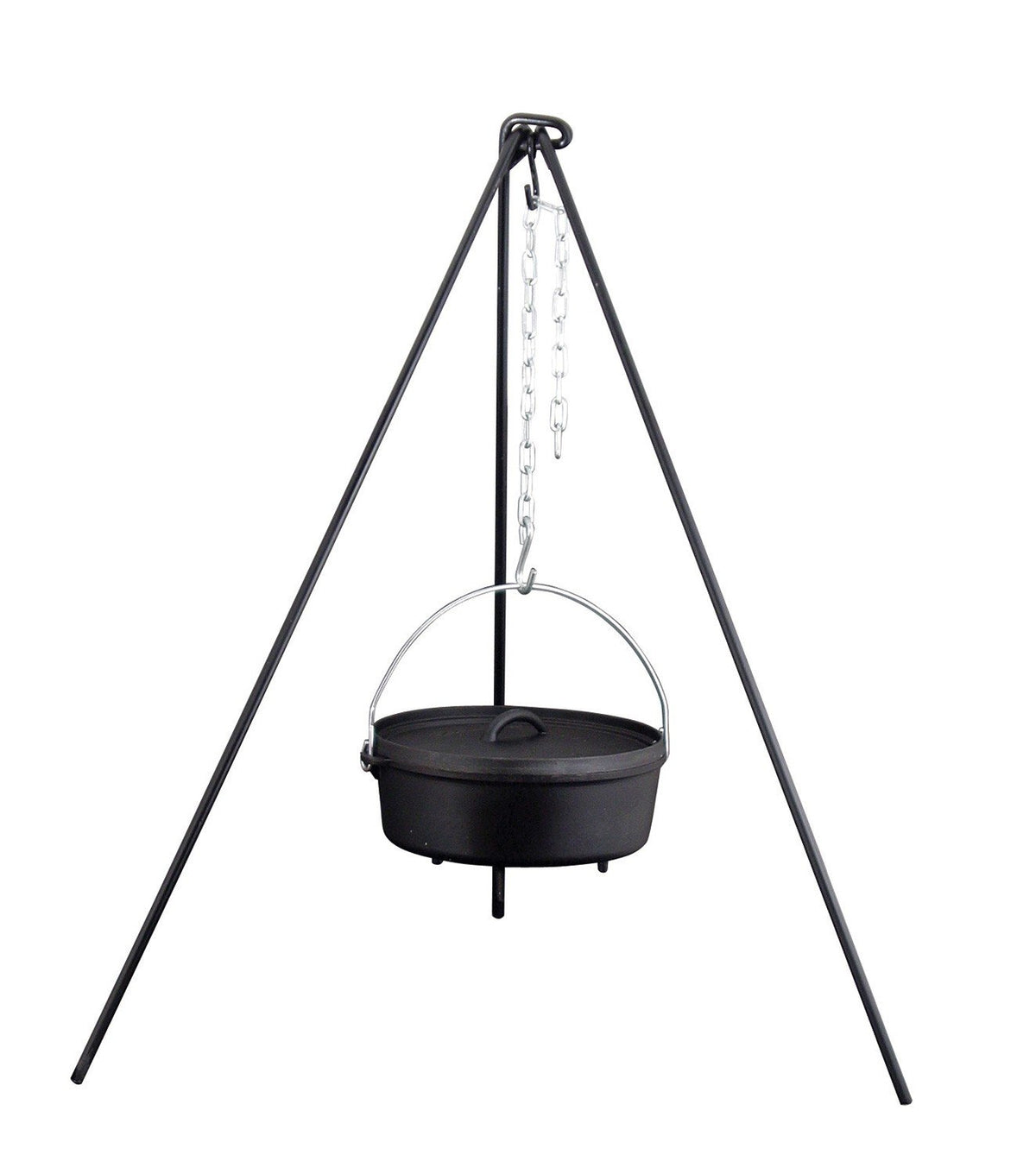 Camp Chef tripod front view showing black steel frame and stable support for cookware