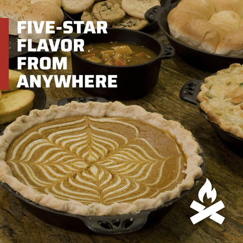 Camp Chef pie pan on table with pie showing direct oven-to-table presentation