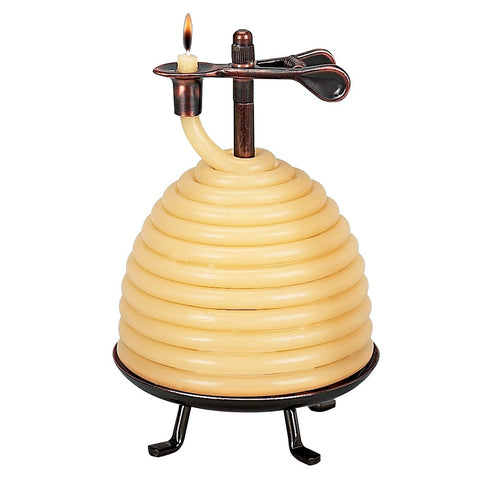 Candle by the Hour front view showing beehive stand and coil, highlighting design benefit