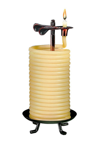 Candle by the Hour front view showing vertical beeswax coil and copper-tone stand, elegant long burn
