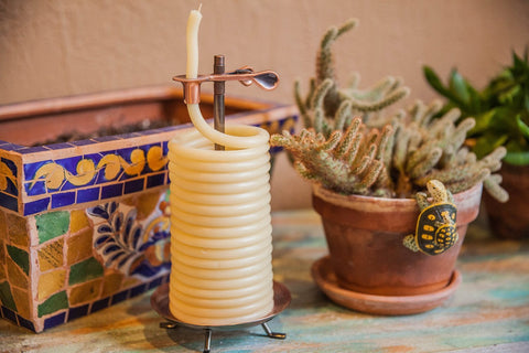 Candle by the Hour copper-tone stand detail, sturdy metal holder for safe use