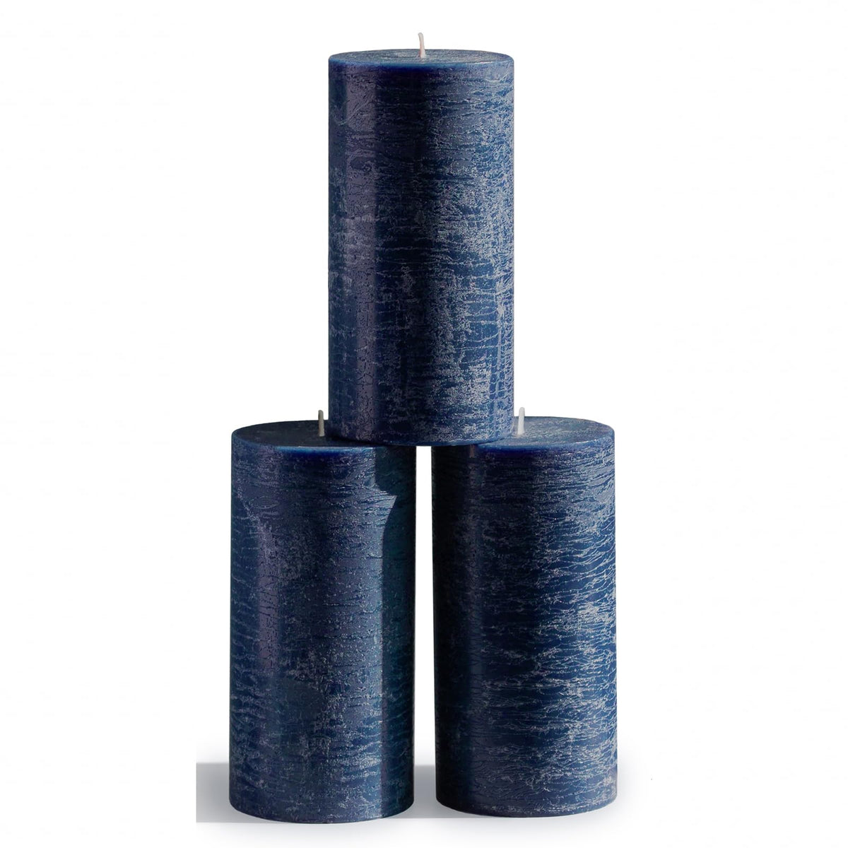 CANDWAX front view of three dark blue pillars showing rustic finish and neat packaging benefit