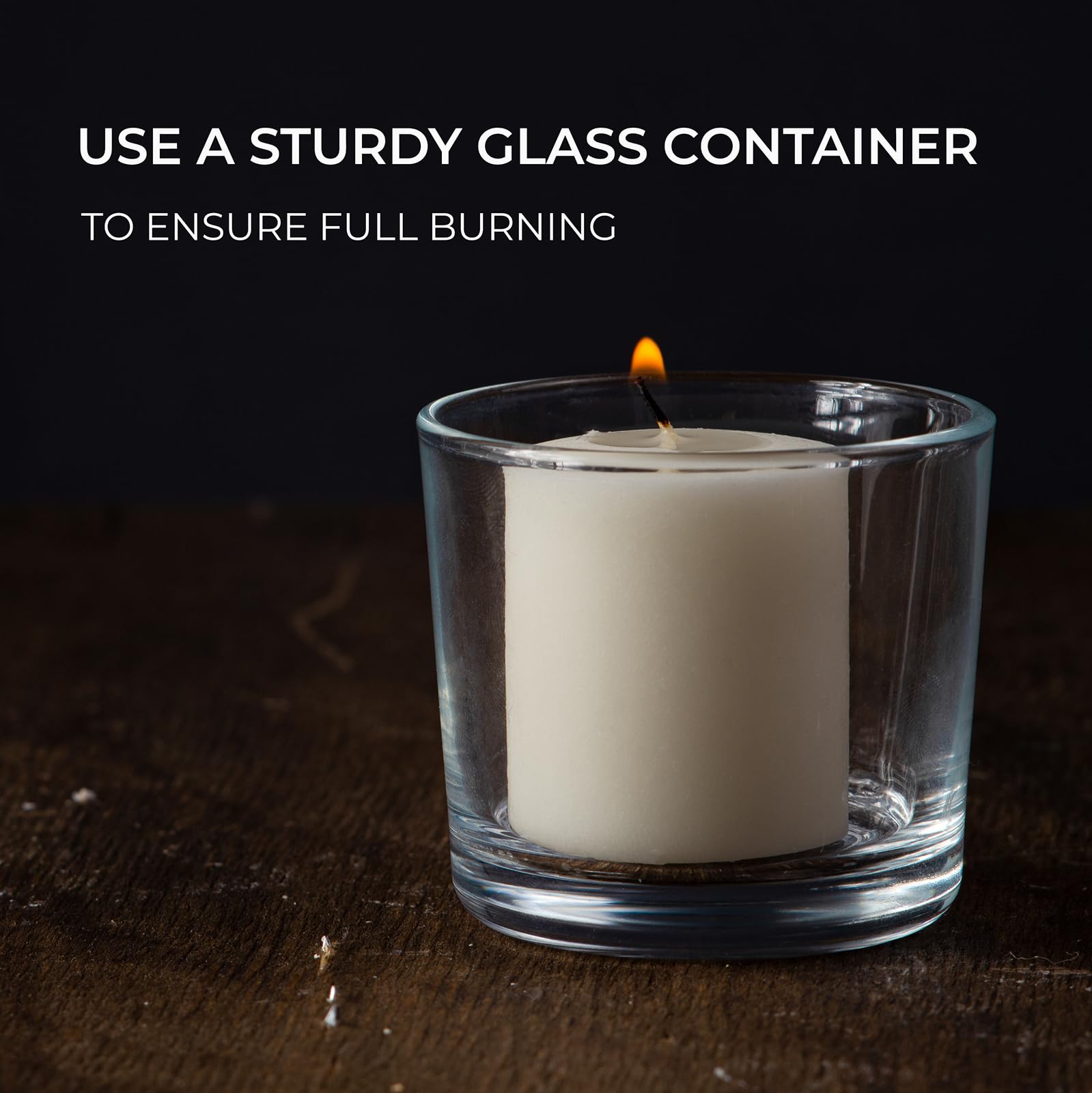 CANDWAX ivory votive in clear holder showing safe fit