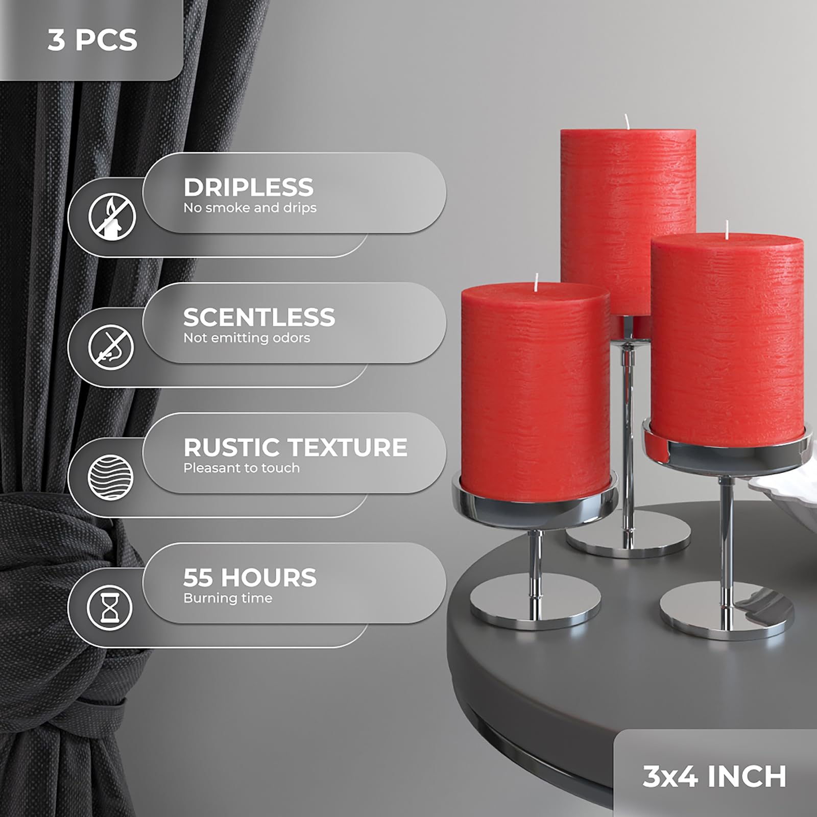 CANDWAX lit pillar candle in holder illustrating steady flame and ambiance benefit